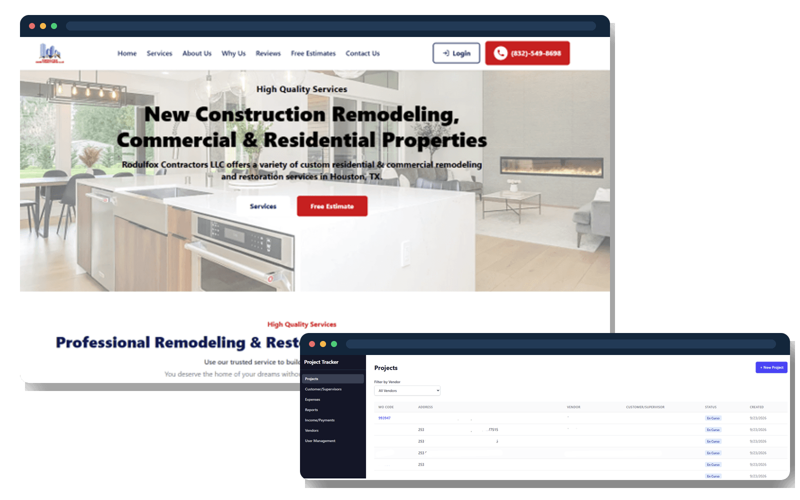 A Vertical Solutions build for Rodulfox Contractors: the public marketing website alongside its internal Project Tracker dashboard.
